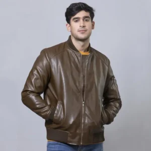 "PU Leather Brown Bomber Jacket for Men Awi-120 - Elevate Your Style with Our PU Leather Brown Bomber Jacket: Fashionable, Trendy, Premium Quality, and Finely Stitched"