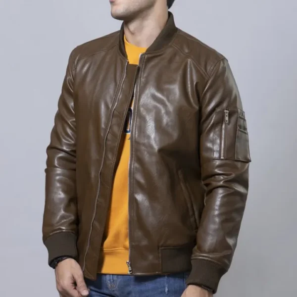 "PU Leather Brown Bomber Jacket for Men Awi-120 - Elevate Your Style with Our PU Leather Brown Bomber Jacket: Fashionable, Trendy, Premium Quality, and Finely Stitched" - Image 4