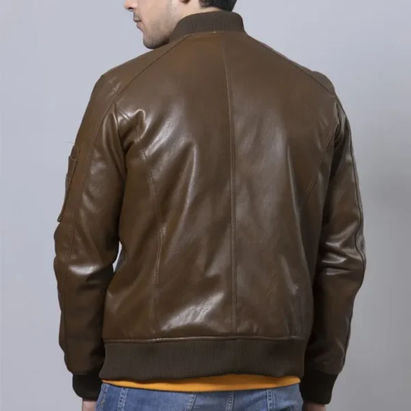 "PU Leather Brown Bomber Jacket for Men Awi-120 - Elevate Your Style with Our PU Leather Brown Bomber Jacket: Fashionable, Trendy, Premium Quality, and Finely Stitched" - Image 3